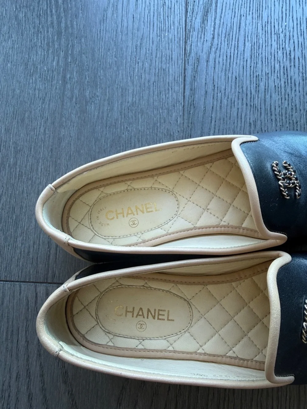 CHANEL Black Leather Slip-On Loafers with Cream Trim and Gold CC - Picture 3 of 9